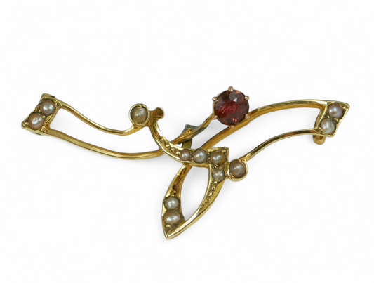 Antique Art Nouveau 1905 Solid 15ct Yellow Gold Garnet & Seed Pearl Brooch Pin