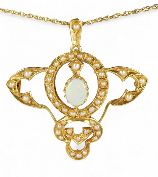 Antique Art Nouveau 1905 Solid 15ct Yellow Gold Opal & Seed Pearl Pendant Brooch