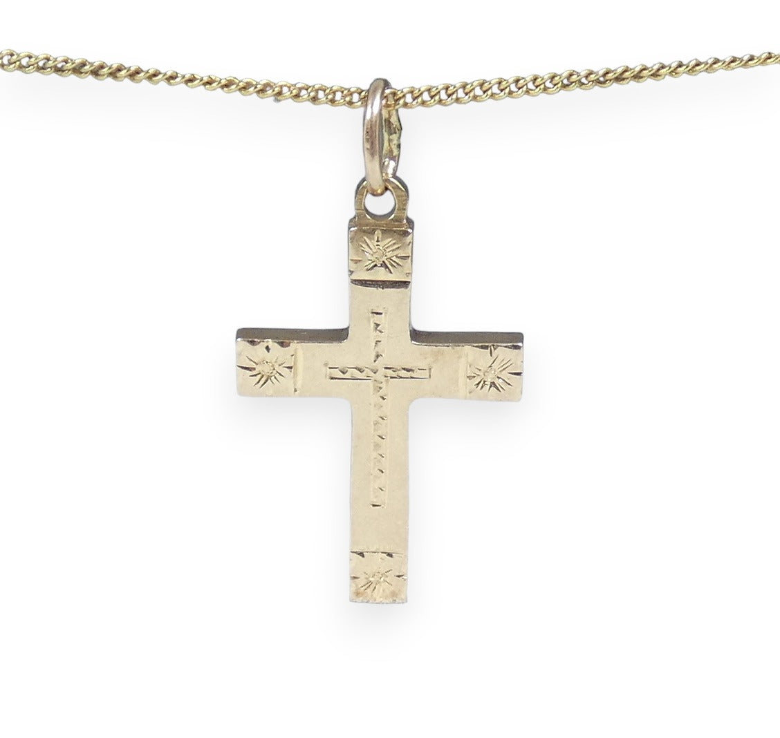Vintage Solid 14ct Yellow Gold 27mm Bright Cut Cross Crucifix Necklace Pendant