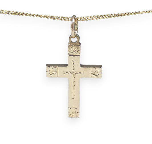 Vintage Solid 14ct Yellow Gold 27mm Bright Cut Cross Crucifix Necklace Pendant