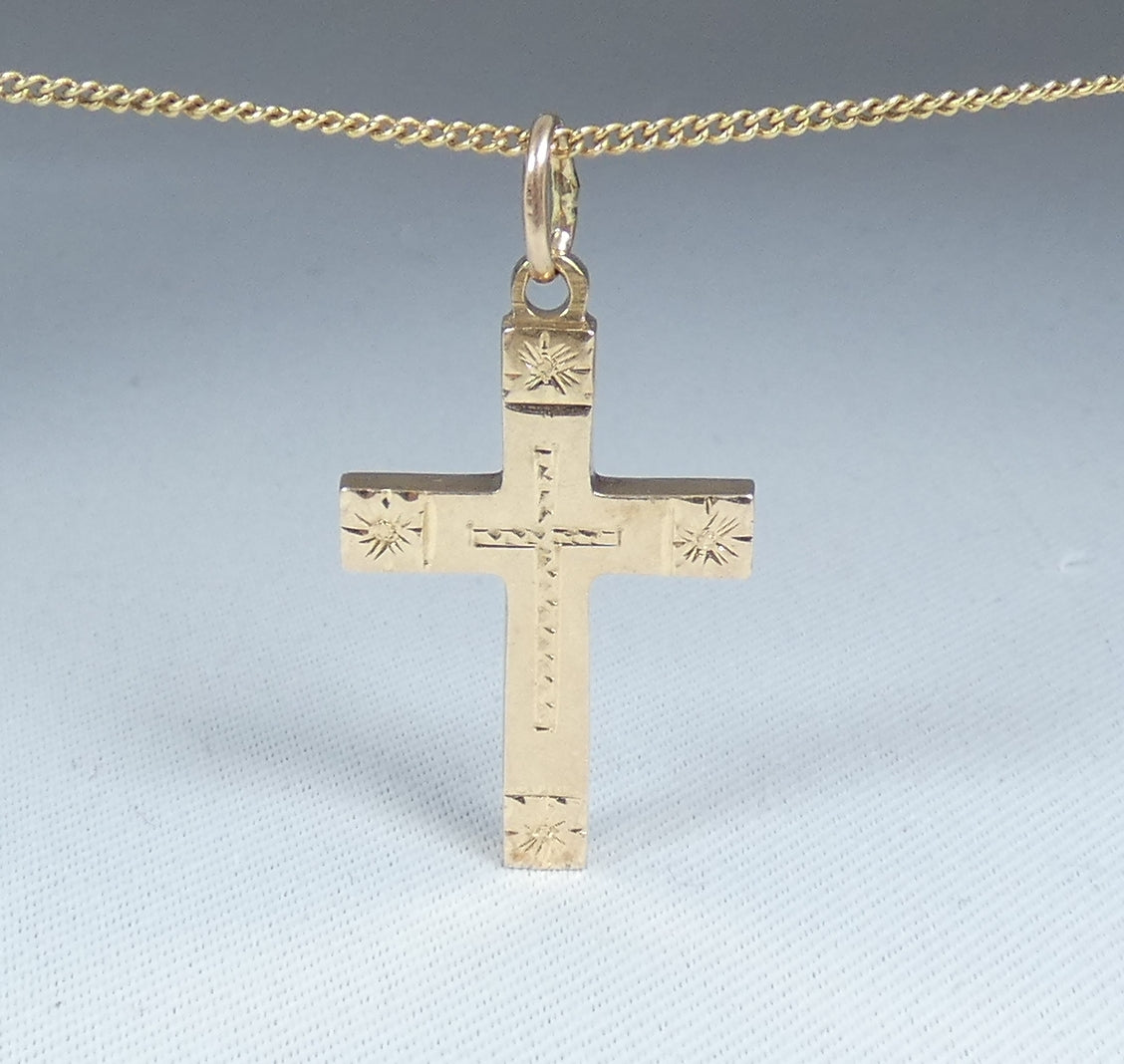Vintage Solid 14ct Yellow Gold 27mm Bright Cut Cross Crucifix Necklace Pendant