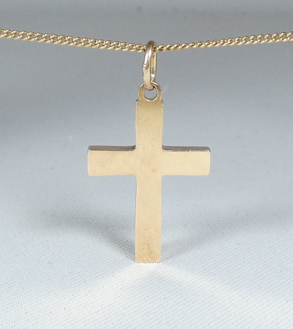 Vintage Solid 14ct Yellow Gold 27mm Bright Cut Cross Crucifix Necklace Pendant
