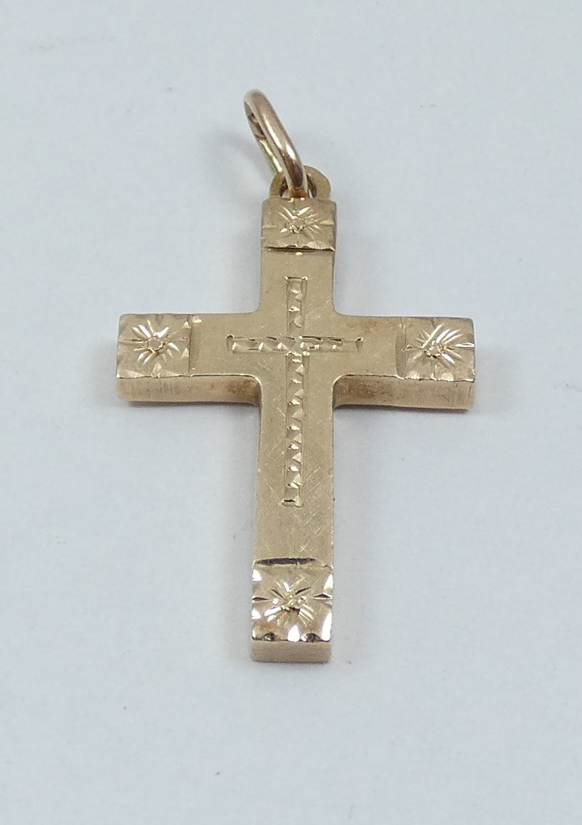 Vintage Solid 14ct Yellow Gold 27mm Bright Cut Cross Crucifix Necklace Pendant
