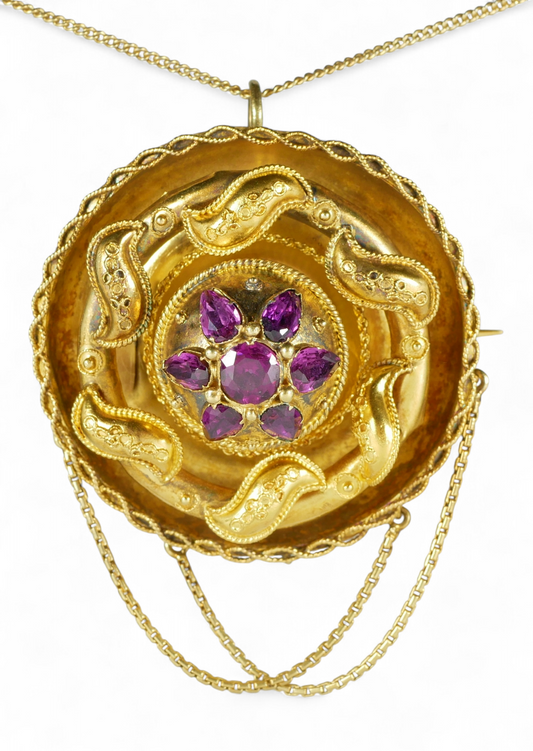 Antique Victorian Large Solid 18ct Yellow Gold Rhodolite Etruscan Pendant Brooch