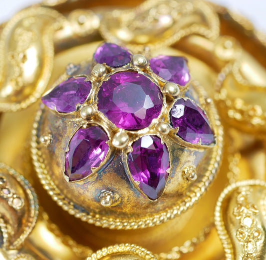 Antique Victorian Large Solid 18ct Yellow Gold Rhodolite Etruscan Pendant Brooch