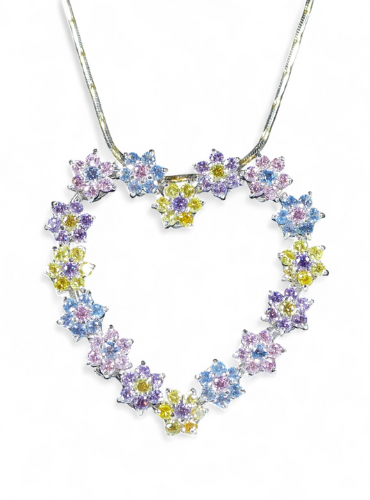 Italian Solid 18ct White Gold Sapphire Cluster Heart Pendant 42cm Necklace Chain