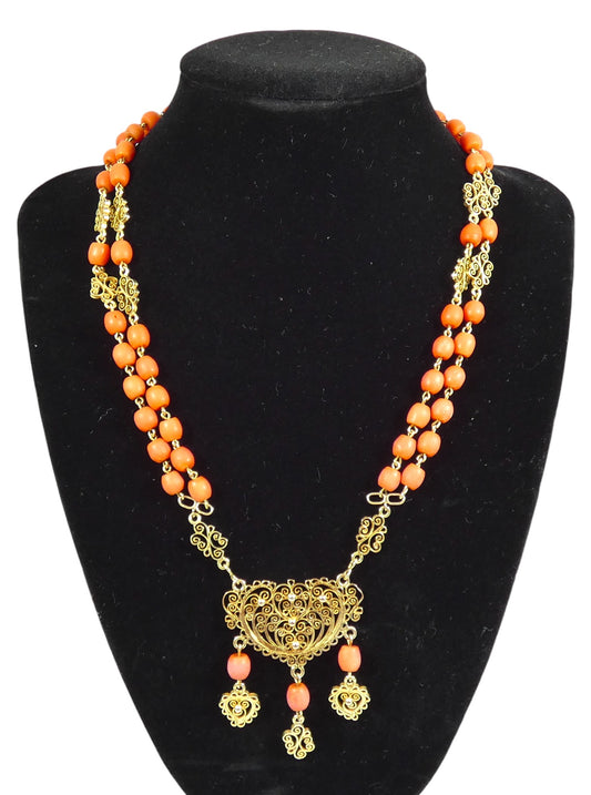 Antique Vintage 14ct Gold Filigree & Red Coral Bead 45cm Necklace Chain 36gm 585