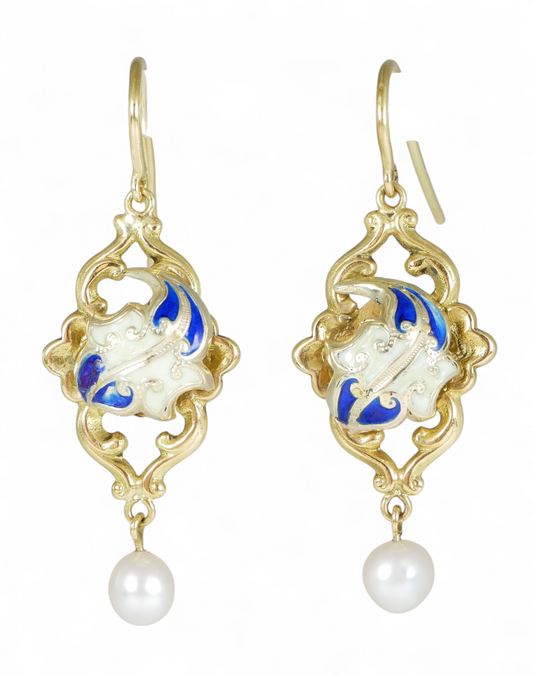 Antique Pair of Solid 18ct Yellow Gold Pearl & Enamel 40mm Dangle Earrings Hook