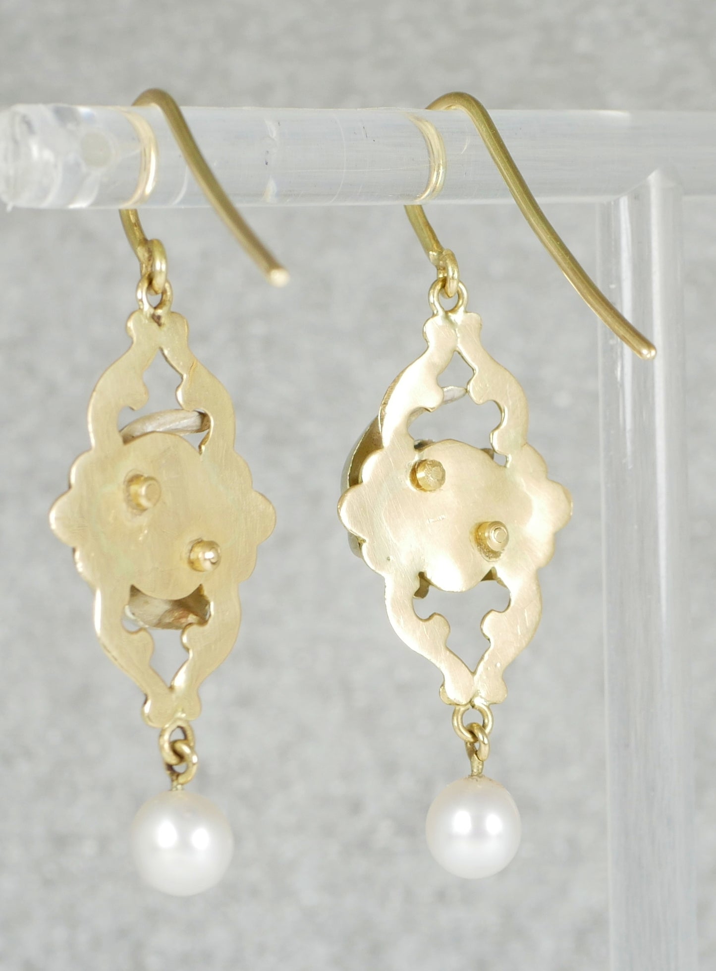 Antique Pair of Solid 18ct Yellow Gold Pearl & Enamel 40mm Dangle Earrings Hook