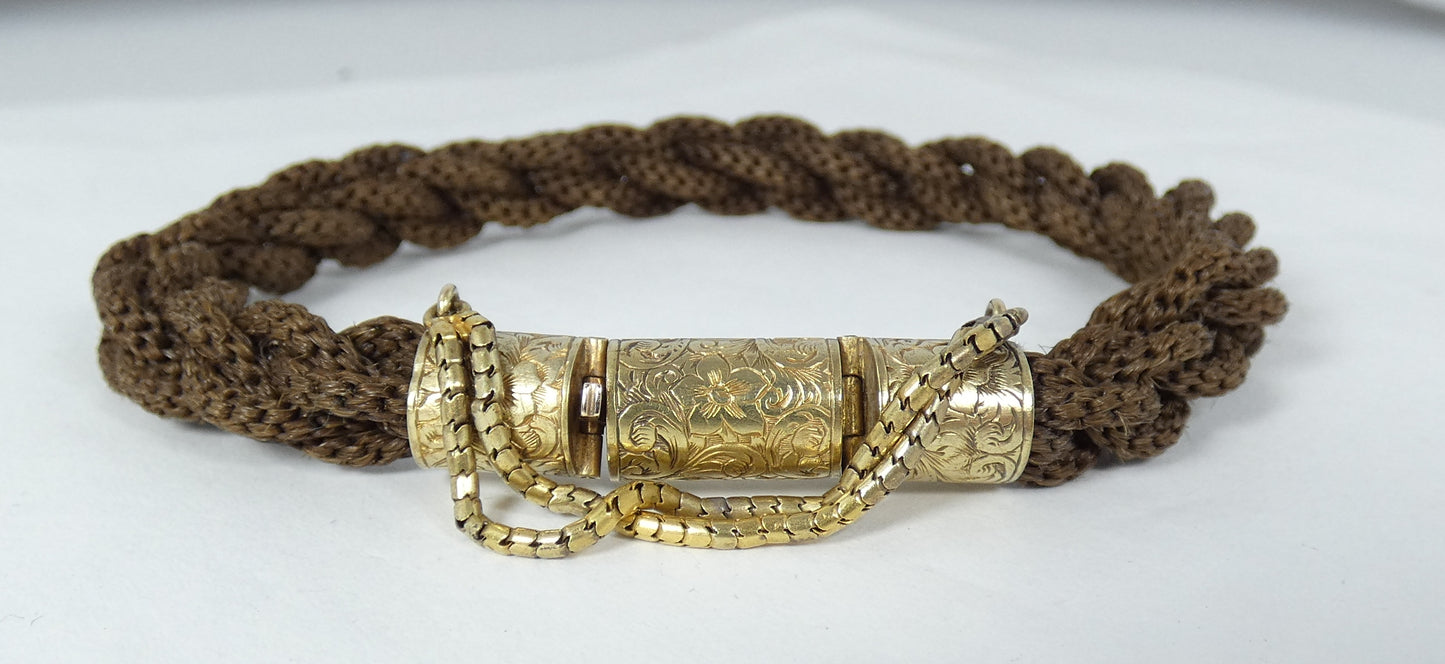 Antique Victorian 1880 18ct Gold Clasp Plaited Woven Hair 22cm Mourning Bracelet