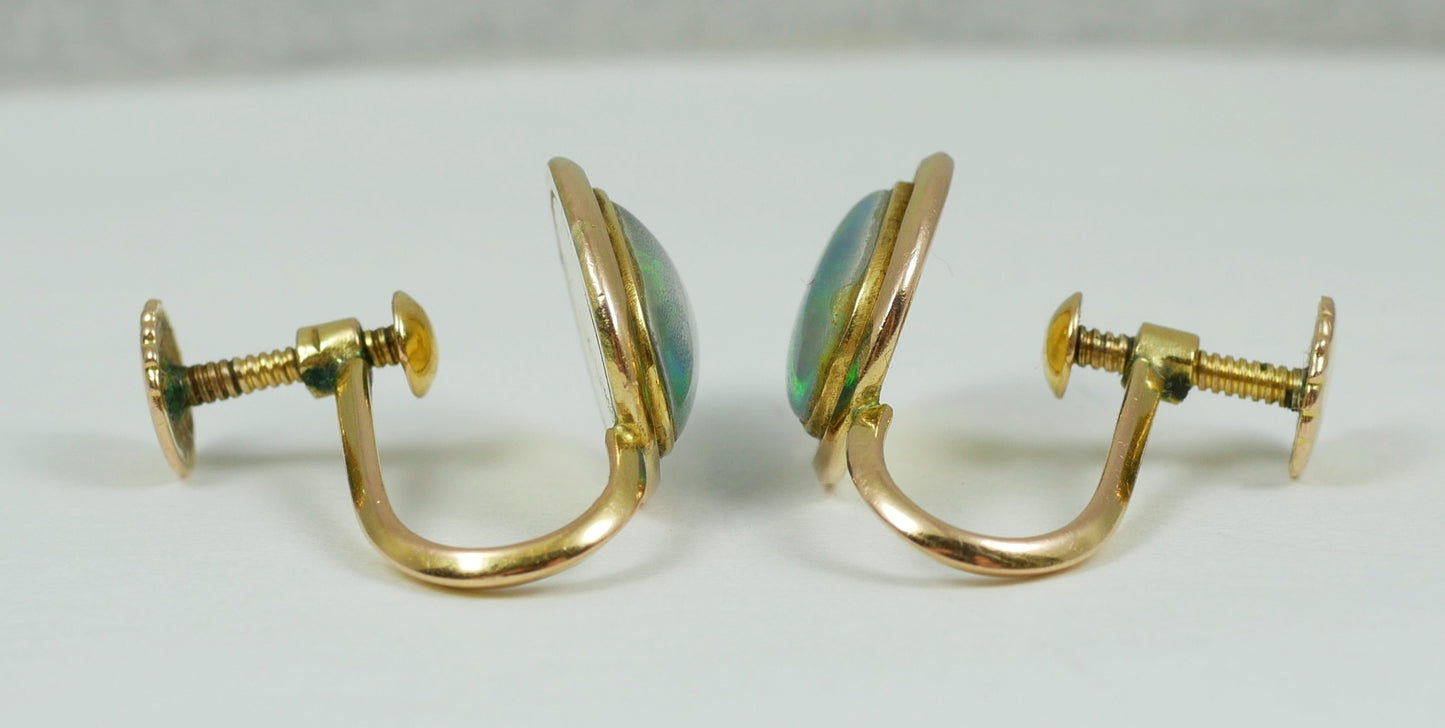 Vintage Pair of Solid 9ct Yellow Gold & Oval Opal French Screw Back Earrings Set