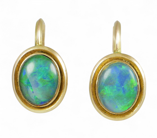 Vintage Pair of Solid 9ct Yellow Gold & Oval Opal French Screw Back Earrings Set