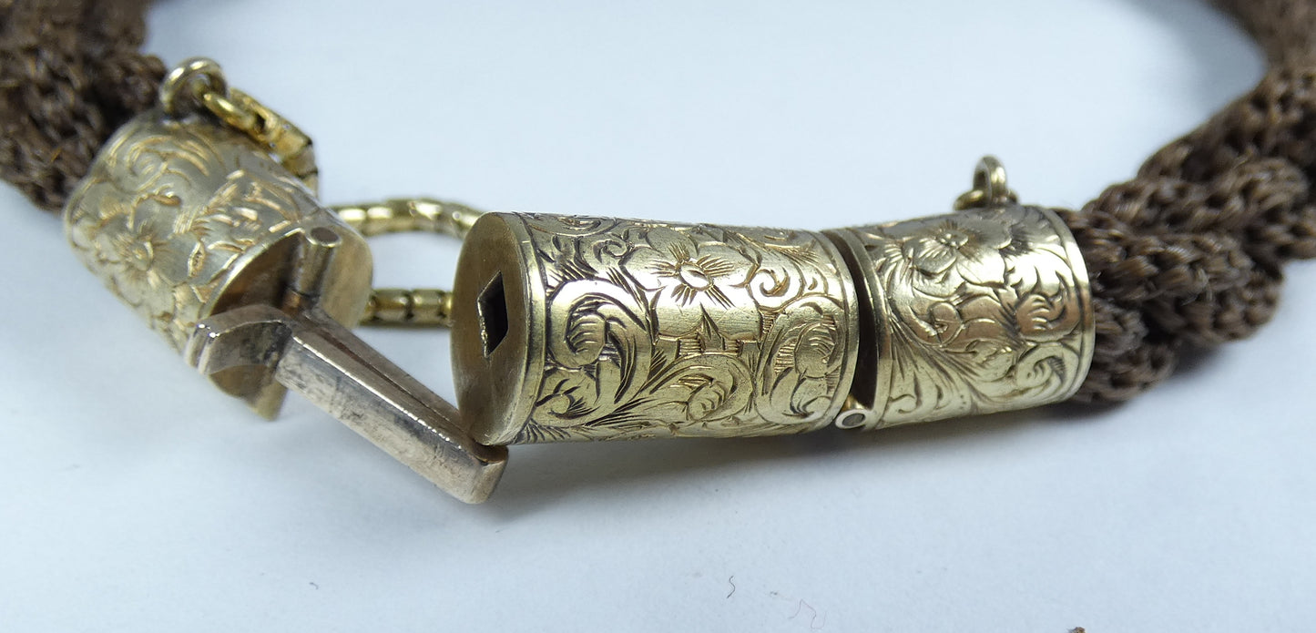 Antique Victorian 1880 18ct Gold Clasp Plaited Woven Hair 22cm Mourning Bracelet