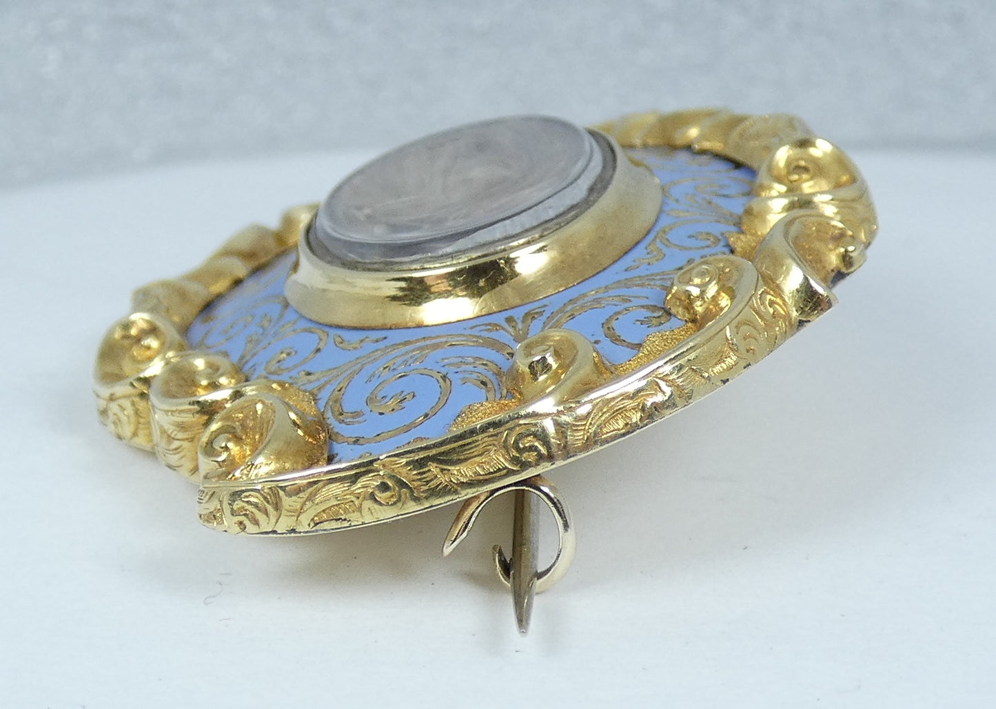 Antique Victorian 1875 Large 9ct Gold & Blue Enamel Hair Locket Mourning Brooch