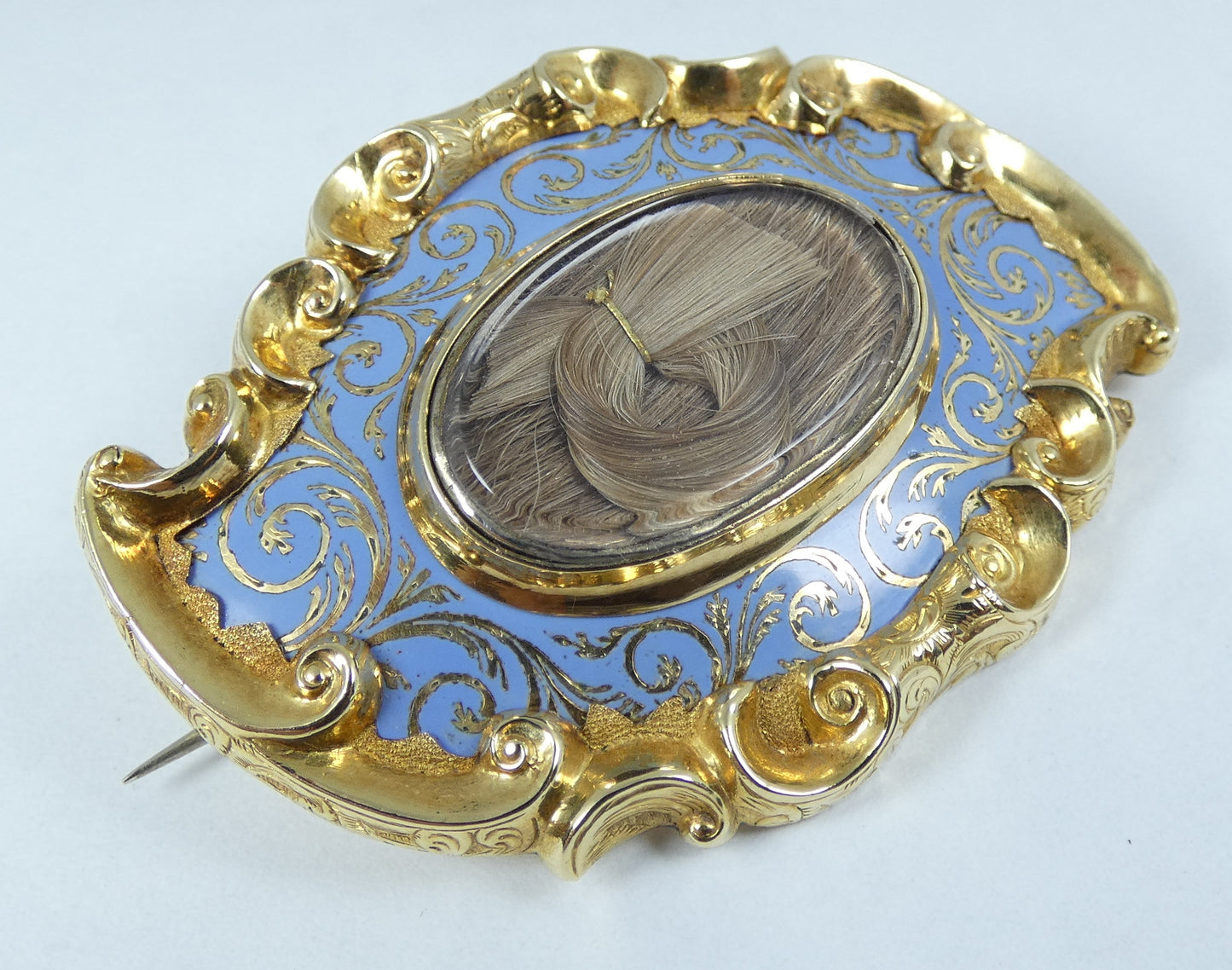 Antique Victorian 1875 Large 9ct Gold & Blue Enamel Hair Locket Mourning Brooch