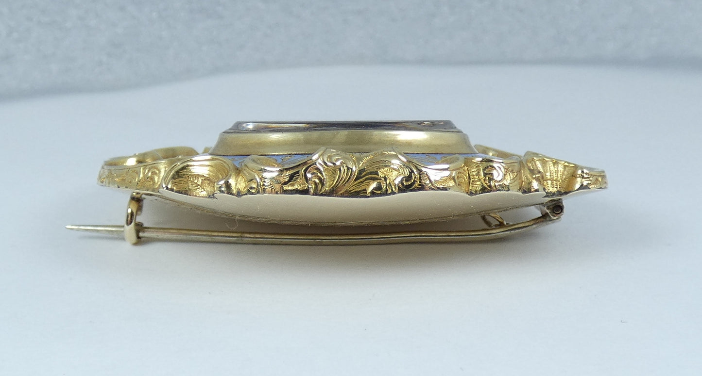 Antique Victorian 1875 Large 9ct Gold & Blue Enamel Hair Locket Mourning Brooch
