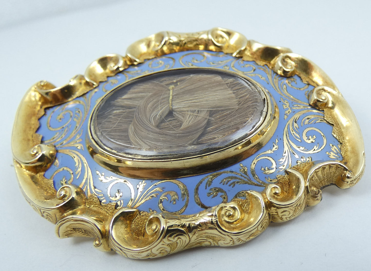 Antique Victorian 1875 Large 9ct Gold & Blue Enamel Hair Locket Mourning Brooch