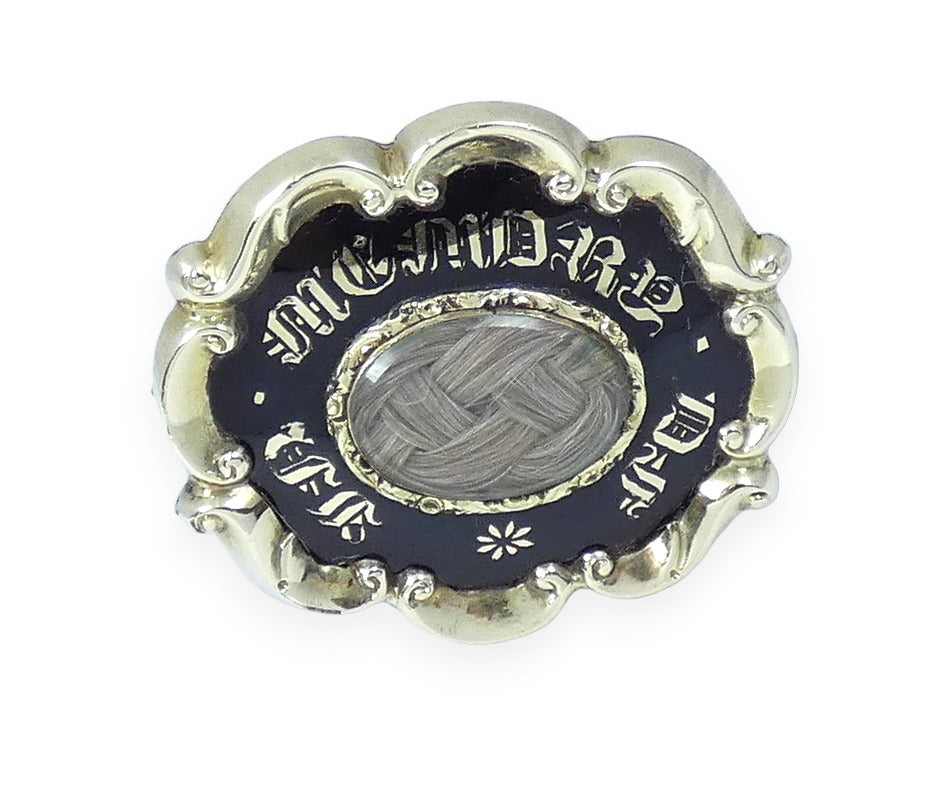 Antique Victorian 1843 Solid 9ct Gold & Black Enamel Woven Hair Mourning Brooch