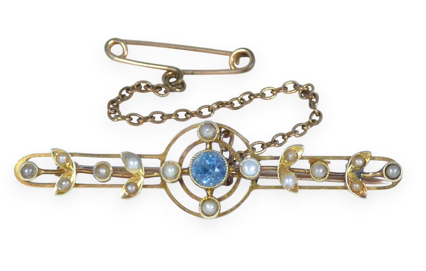 Antique Edwardian 1910 Solid 15ct Gold Blue Zircon Paste & Seed Pearl Bar Brooch