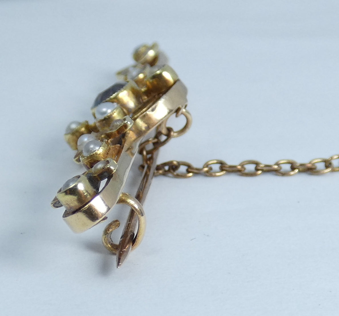 Antique Edwardian 1910 Solid 15ct Gold Blue Zircon Paste & Seed Pearl Bar Brooch