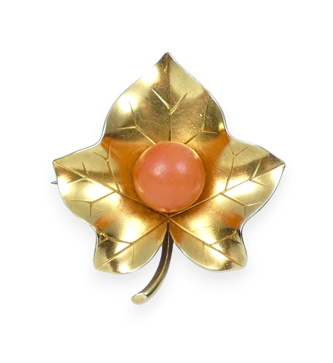 Antique Edwardian 1900 Solid 18ct Yellow Gold & Coral Maple Leaf Brooch Pin