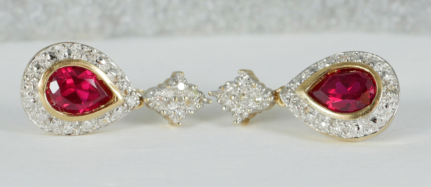 Set of Solid 9ct Yellow White Gold Pear Cut Ruby & Diamond 21mm Earrings Pair