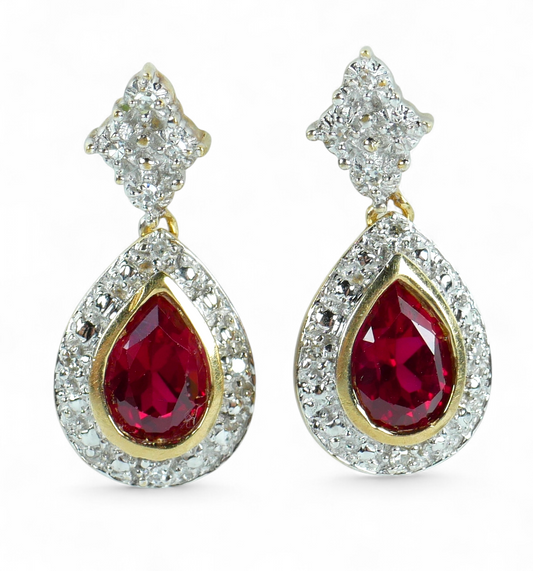 Set of Solid 9ct Yellow White Gold Pear Cut Ruby & Diamond 21mm Earrings Pair