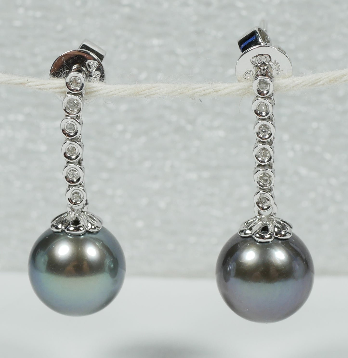 New Solid 14ct White Gold 10mm Tahitian Pearl & Diamond Dangle Earrings Set Pair