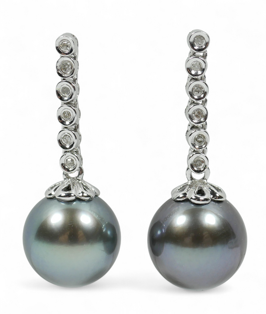 New Solid 14ct White Gold 10mm Tahitian Pearl & Diamond Dangle Earrings Set Pair