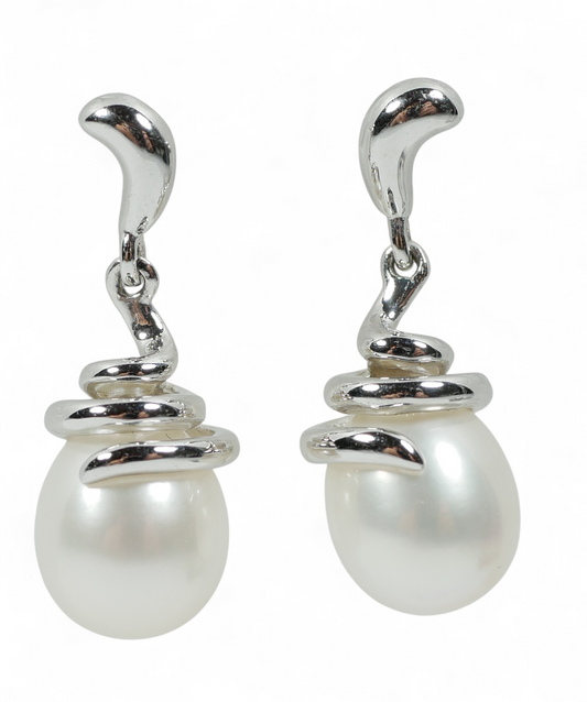 New Solid 14ct White Gold Pair of 10mm Oval White Pearl Dangle Earrings Set 585