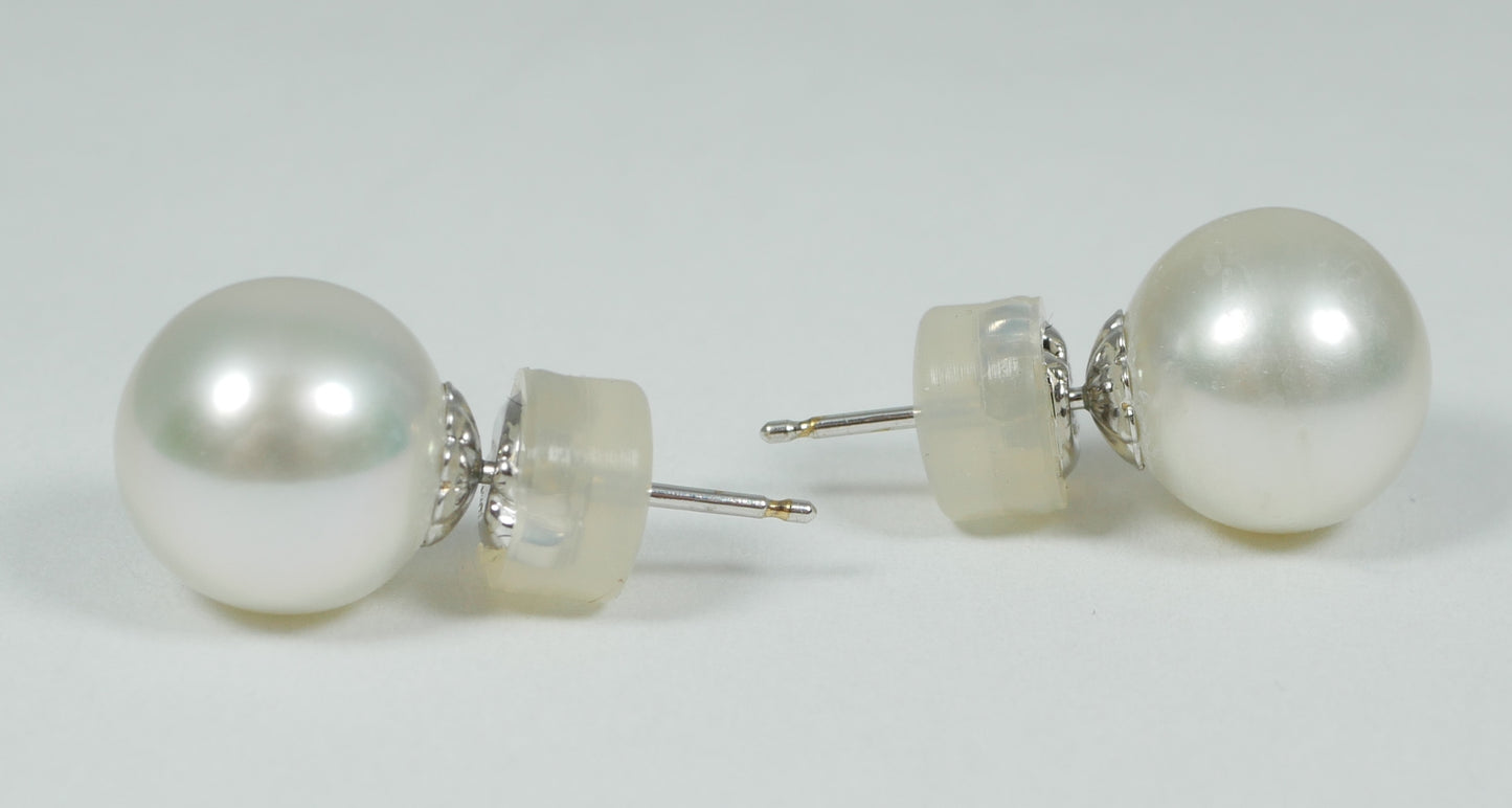 New Solid 14ct White Gold Pair of 9mm Round White Pearl Stud Earrings Set 585