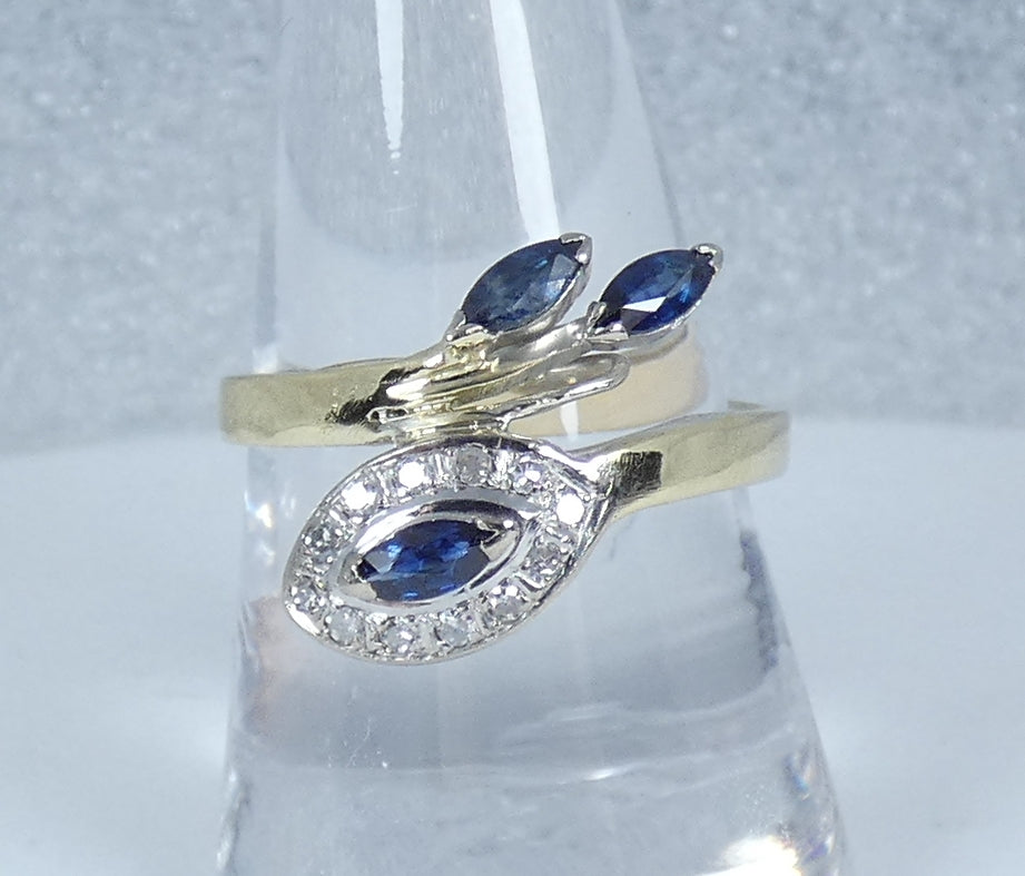 14ct Yellow Gold Aust. Blue Marquise Sapphire & Diamond Dress Ring Size 10 T 61