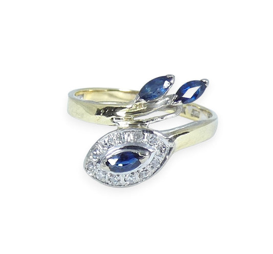 14ct Yellow Gold Aust. Blue Marquise Sapphire & Diamond Dress Ring Size 10 T 61