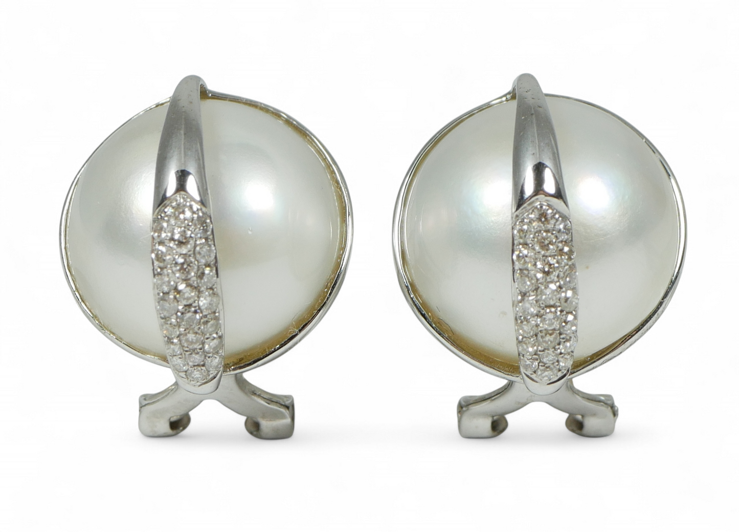 New Solid 14ct White Gold Pair 14mm Mabe Pearl & Diamond Clip On Post Earrings