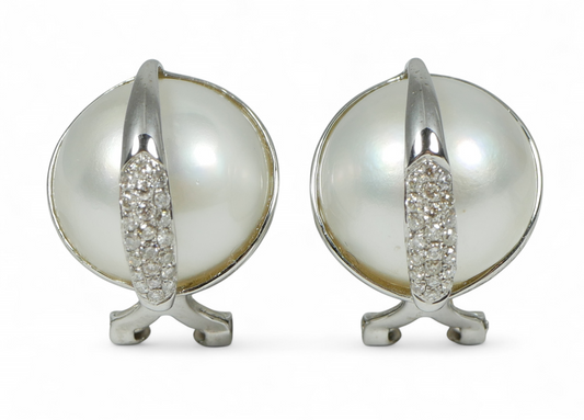 New Solid 14ct White Gold Pair 14mm Mabe Pearl & Diamond Clip On Post Earrings