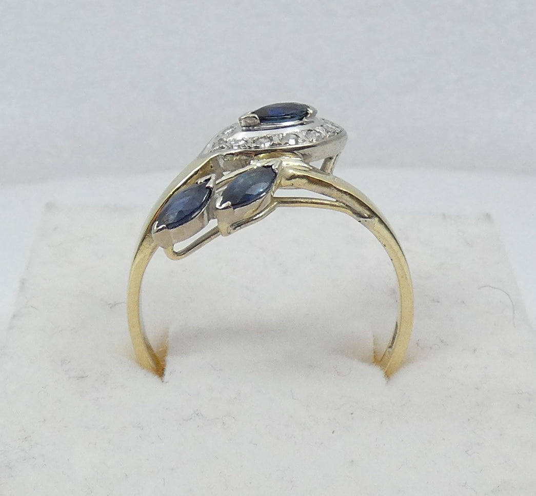 14ct Yellow Gold Aust. Blue Marquise Sapphire & Diamond Dress Ring Size 10 T 61