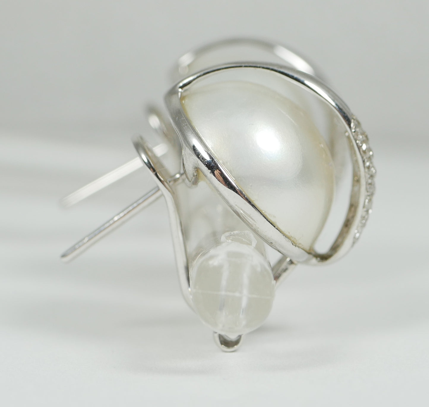 New Solid 14ct White Gold Pair 14mm Mabe Pearl & Diamond Clip On Post Earrings