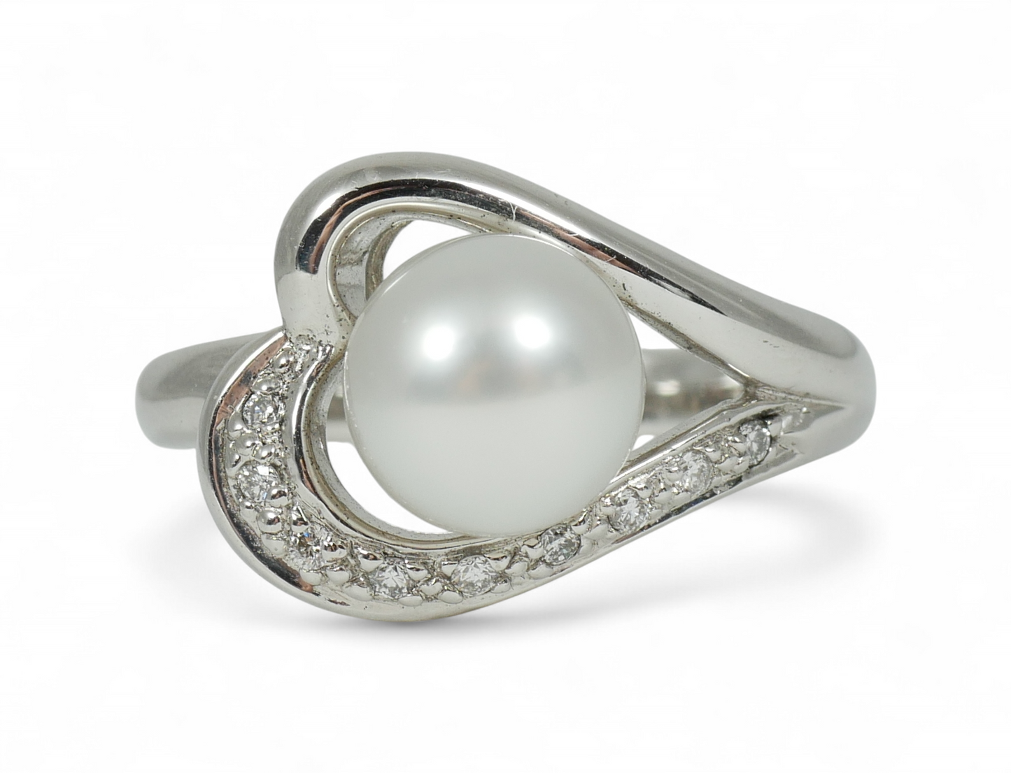 New Solid 14ct White Gold 8.5mm Pearl & Diamond Heart Dress Ring Size 8 P 56 585