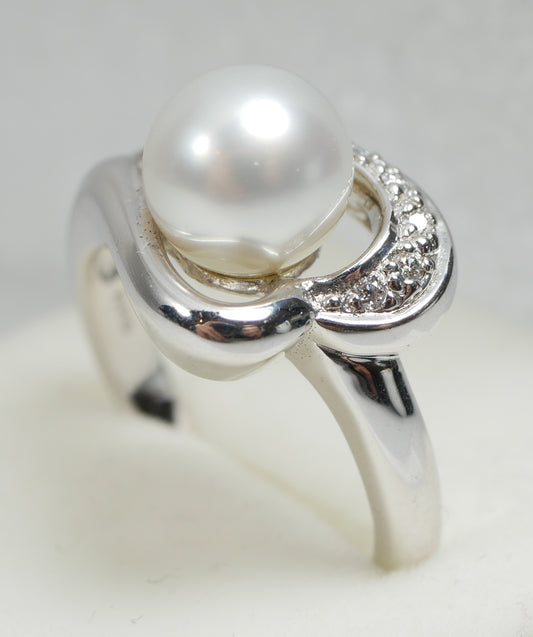 New Solid 14ct White Gold 8.5mm Pearl & Diamond Heart Dress Ring Size 8 P 56 585