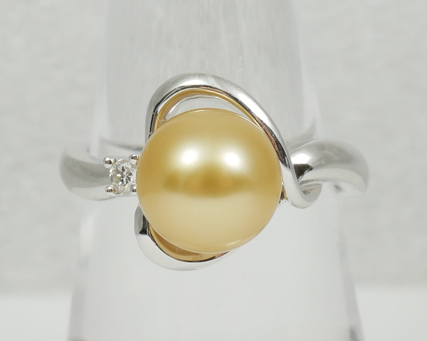 New Solid 14ct White Gold 9mm Golden South Sea Pearl Diamond Dress Ring 7.5 O 55