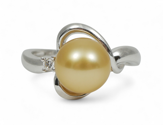 New Solid 14ct White Gold 9mm Golden South Sea Pearl Diamond Dress Ring 7.5 O 55