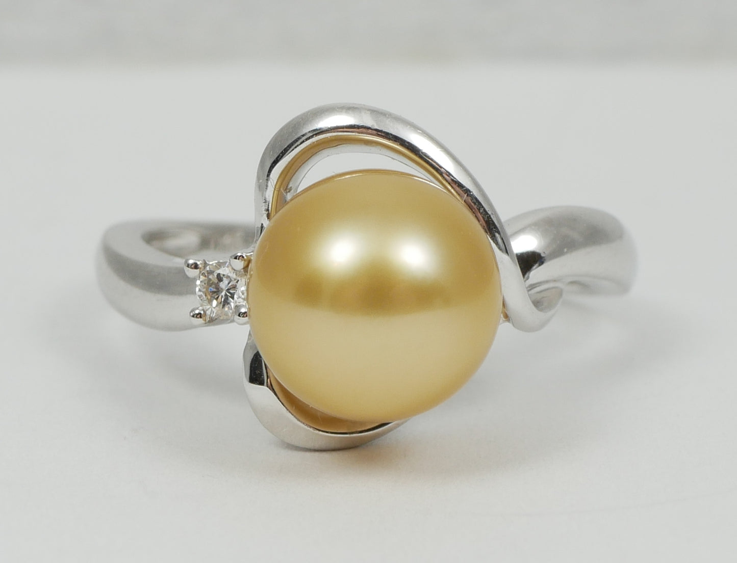 New Solid 14ct White Gold 9mm Golden South Sea Pearl Diamond Dress Ring 7.5 O 55