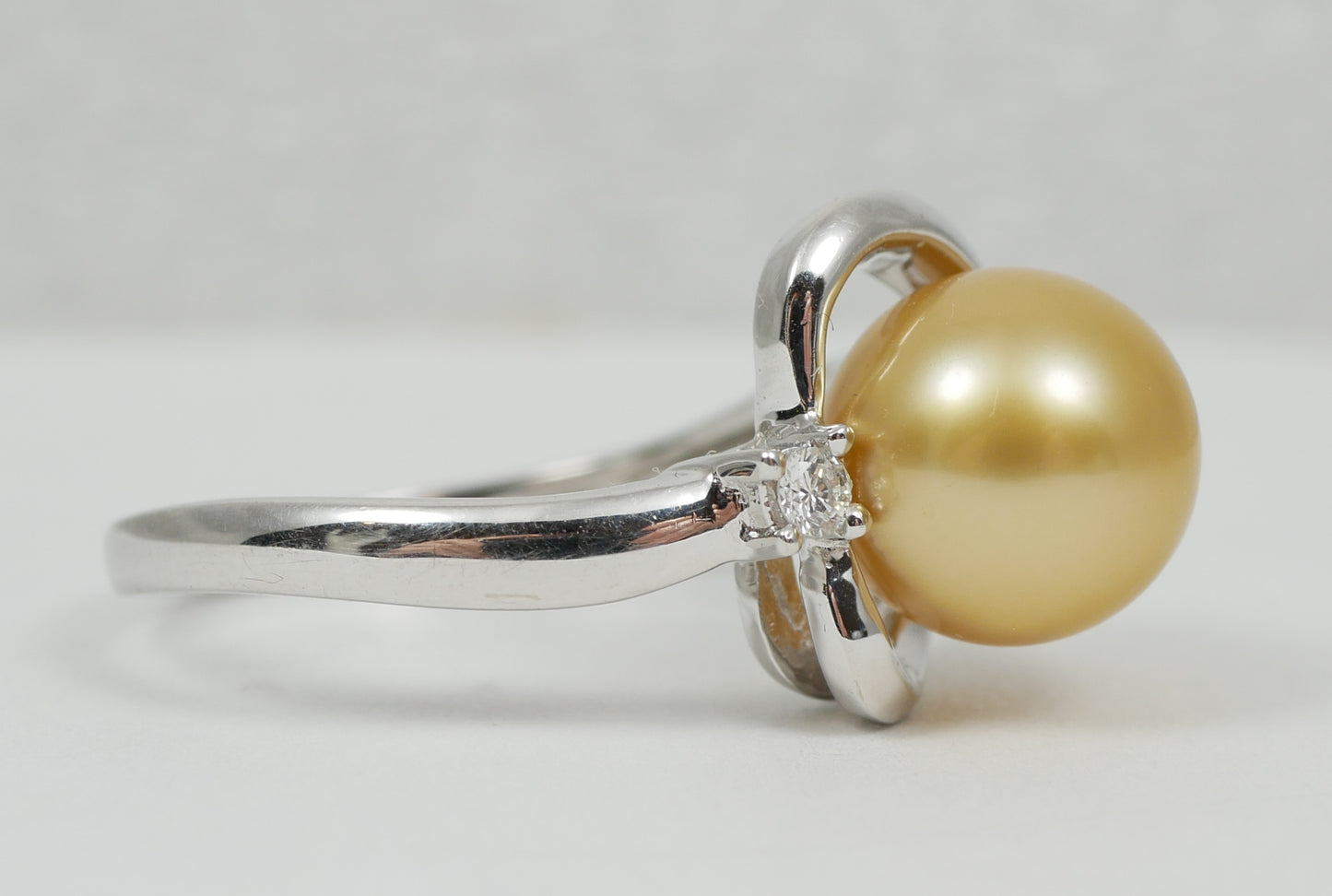New Solid 14ct White Gold 9mm Golden South Sea Pearl Diamond Dress Ring 7.5 O 55
