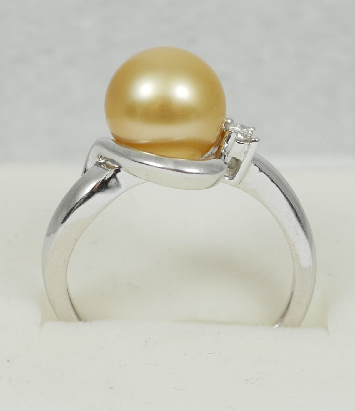 New Solid 14ct White Gold 9mm Golden South Sea Pearl Diamond Dress Ring 7.5 O 55