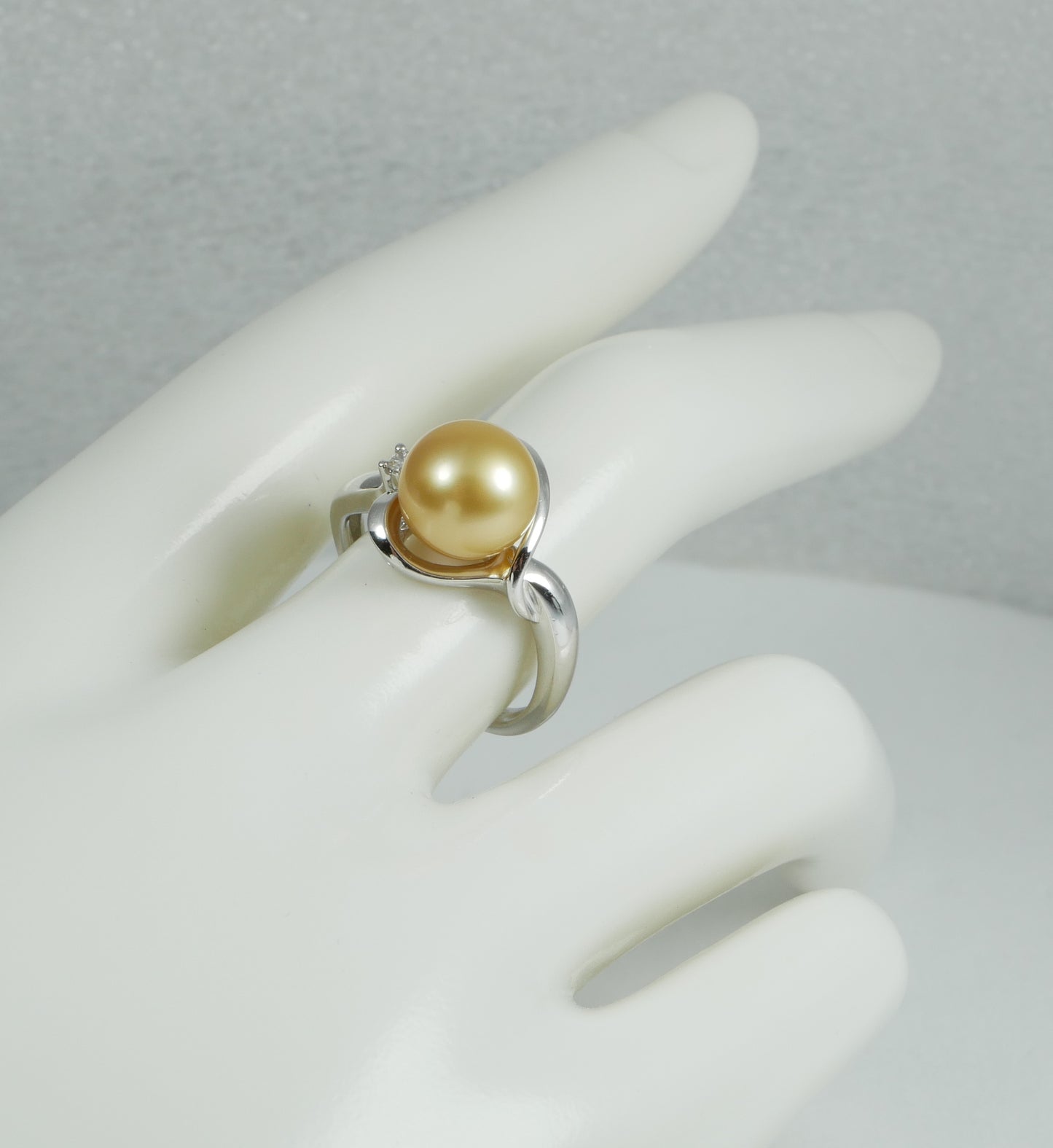 New Solid 14ct White Gold 9mm Golden South Sea Pearl Diamond Dress Ring 7.5 O 55