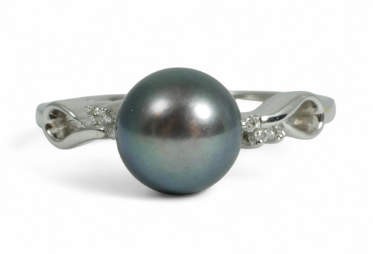 New Solid 14ct White Gold 8mm Round Tahitian Pearl & Diamond Dress Ring 7.5 O 55