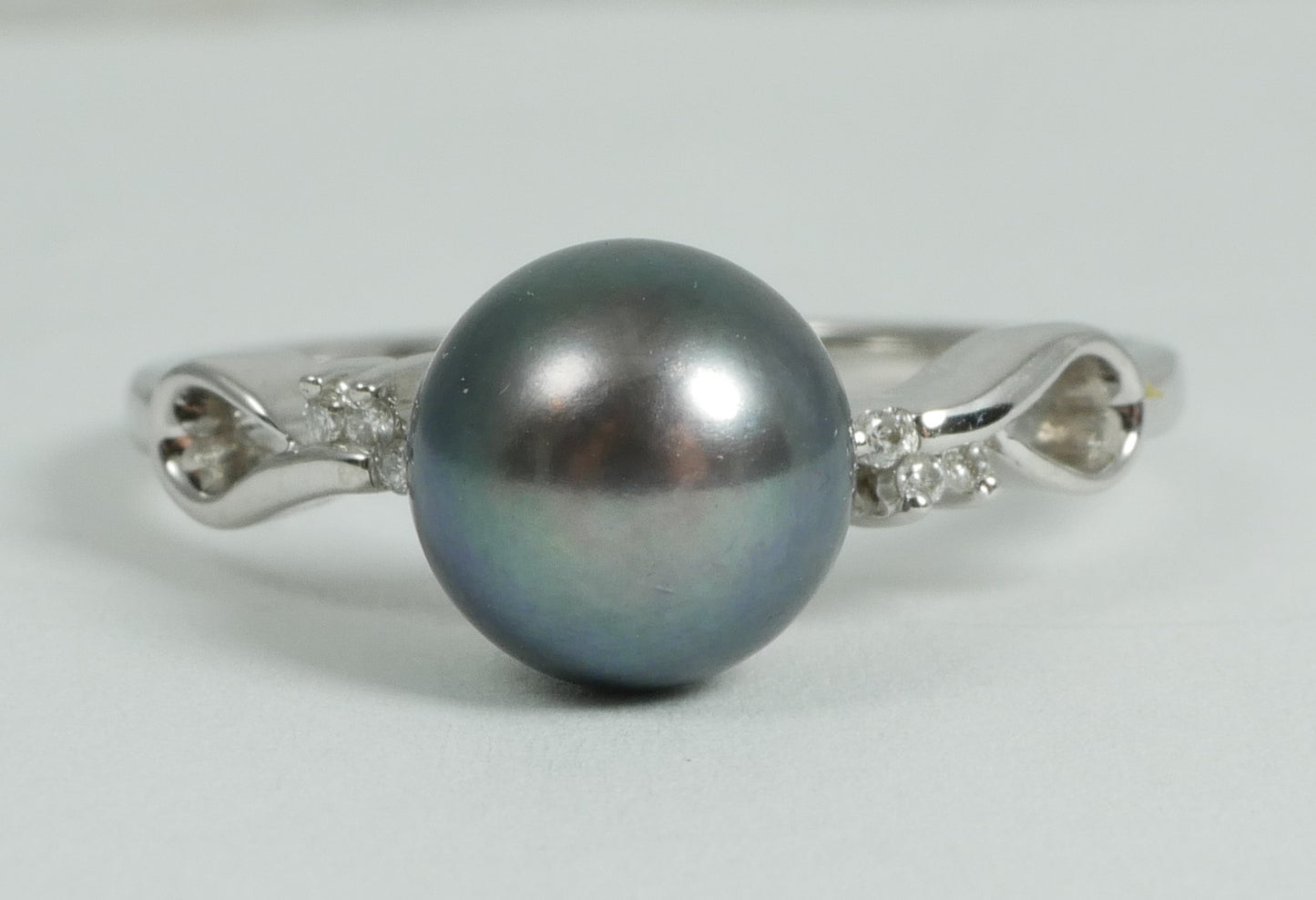 New Solid 14ct White Gold 8mm Round Tahitian Pearl & Diamond Dress Ring 7.5 O 55