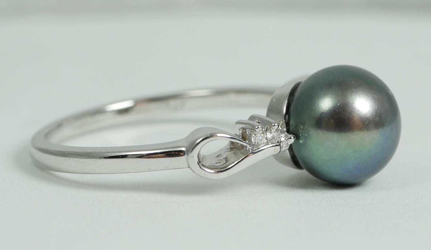 New Solid 14ct White Gold 8mm Round Tahitian Pearl & Diamond Dress Ring 7.5 O 55