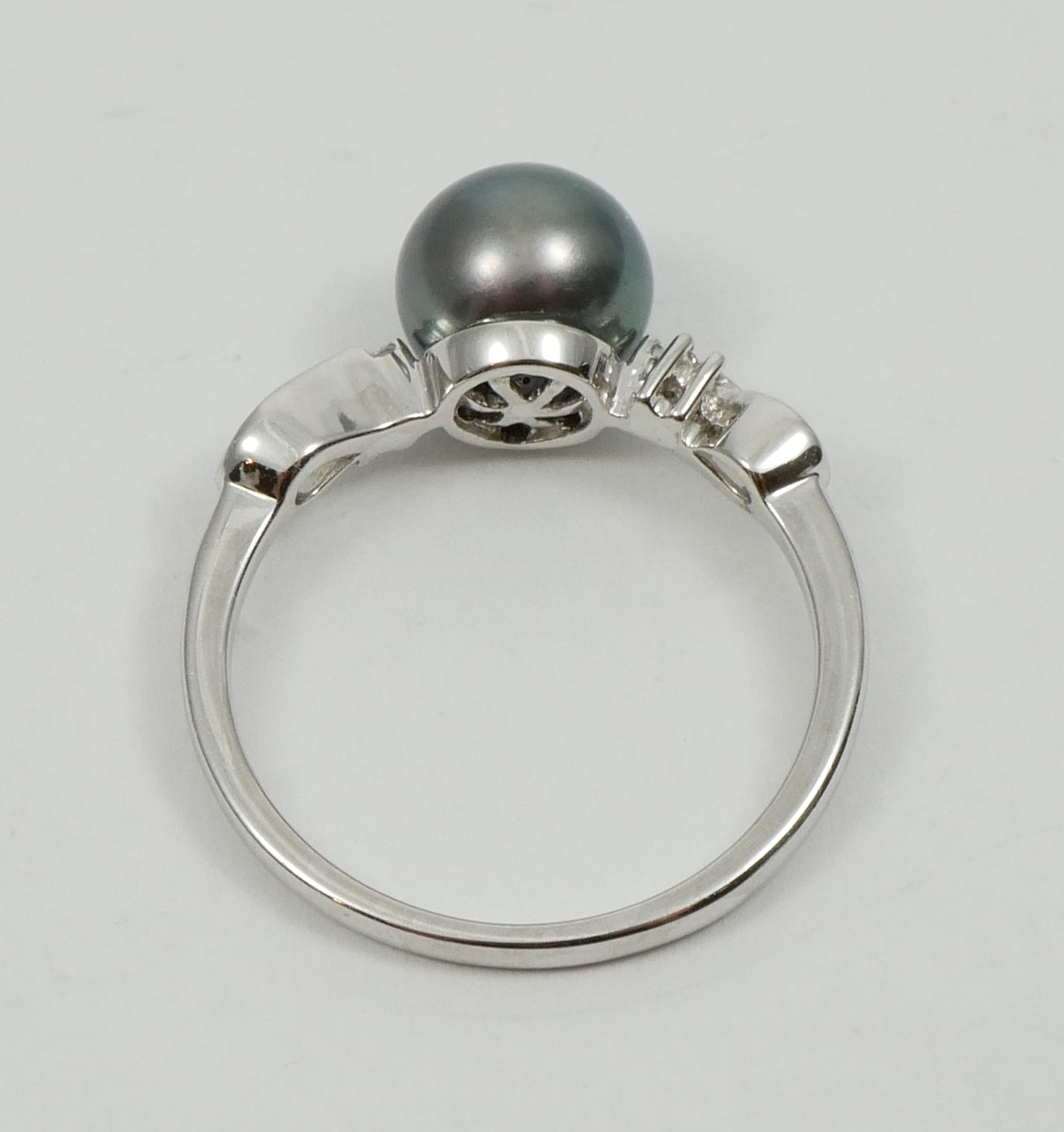 New Solid 14ct White Gold 8mm Round Tahitian Pearl & Diamond Dress Ring 7.5 O 55