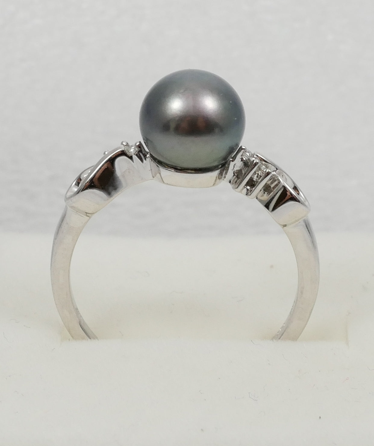 New Solid 14ct White Gold 8mm Round Tahitian Pearl & Diamond Dress Ring 7.5 O 55